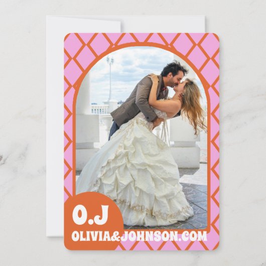 Modern Roze Sinaasappel Retro Boho Arch Vet Datum Save The Date (Achterkant)