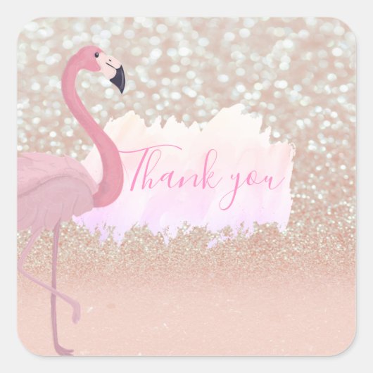 Modern Roze Sparkly Flamingo, Dank u Vierkante Sticker (Voorkant)