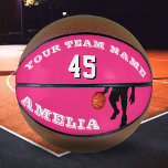 Modern roze speler Team Name Number Girl Basketbal<br><div class="desc">Moderne roze speler naam nummer baskbal voor een meisje basketbalspeler. Het ontwerp heeft een zwart silhouet van een basketbalspeler met een basketbal. De tekst is in moderne lettertypen - personaliseer de tekst met uw teamnaam, nummer en jouw naam. Perfect cadeau voor een meisje basketbalspeler, teamgenoten, coach of een keepasje om...</div>