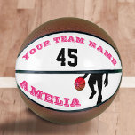 Modern roze speler Team Name Number Girl Basketbal<br><div class="desc">Moderne roze speler naam nummer baskbal voor een meisje basketbalspeler. Het ontwerp heeft een zwart silhouet van een basketbalspeler met een basketbal. De tekst is in moderne lettertypen - personaliseer de tekst met uw teamnaam, nummer en jouw naam. Perfect cadeau voor een meisje basketbalspeler, teamgenoten, coach of een keepasje om...</div>