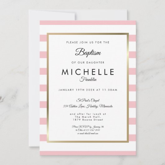 Modern Roze Striped Baptism Christening Kaart (Voorkant)