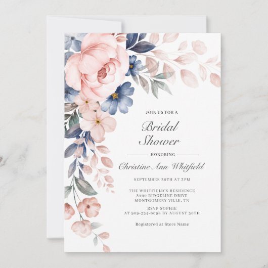 Modern Roze Stusty Blue Floral Vrijgezellenfeest Kaart (Voorkant)