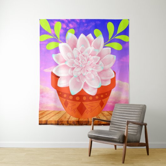 Modern Roze Succulent in een Pot - Abstract Flower Wandkleed (In situ)
