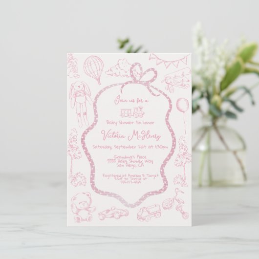 Modern Roze Toile de Jouy Baby shower meisje Kaart (Staand voorkant)