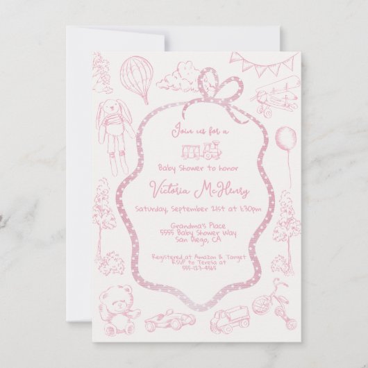 Modern Roze Toile de Jouy Baby shower meisje Kaart (Voorkant)