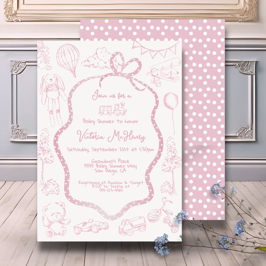 Modern Roze Toile de Jouy Baby shower meisje Kaart
