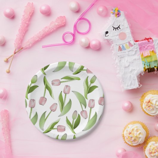 Modern Roze Tulp Patroon Papieren Bordje (Feest)