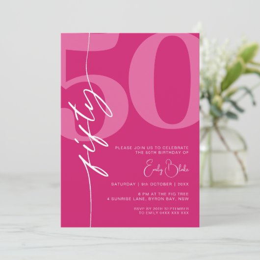 Modern roze vijftig 50ste verjaardagsfeestje kaart (Staand voorkant)