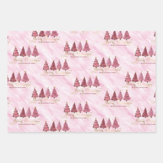 Modern roze "vrolijk kerstfeest" van uw familie inpakpapier vel (Voorkant)