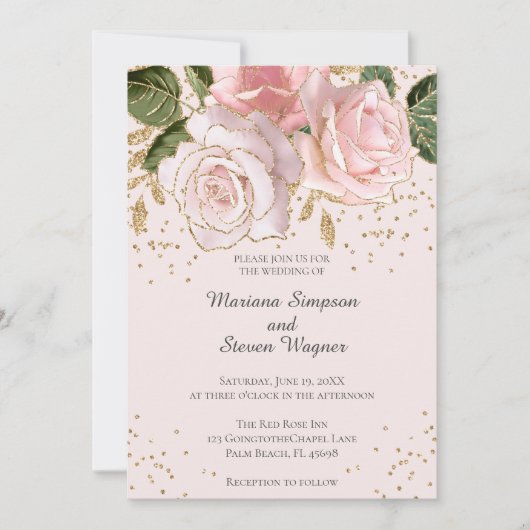 Modern Roze Waterverf Bloemen Goud Glitter Bruilof Kaart (Voorkant)