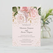 Modern Roze Waterverf Bloemen Goud Glitter Bruilof Kaart (Staand voorkant)
