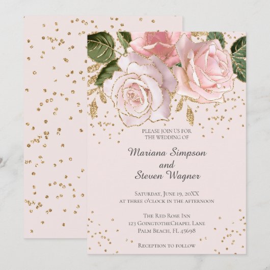 Modern Roze Waterverf Bloemen Goud Glitter Bruilof Kaart (Voorkant / Achterkant)
