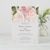 Modern Roze Waterverf Bloemen Goud Glitter Bruilof Kaart (Staand voorkant)