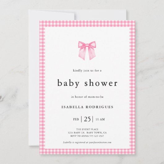 Modern Roze Waterverf Bow Gingham Baby shower Kaart (Voorkant)