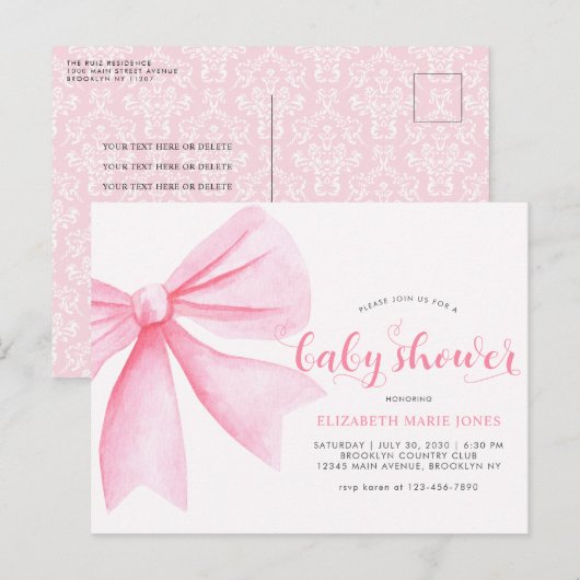 Modern roze Waterverf Bow Ribbon Girl Baby shower Briefkaart (Voorkant / Achterkant)