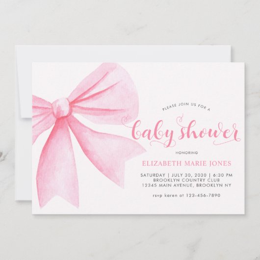 Modern roze Waterverf Bow Ribbon Girl Baby shower Kaart (Voorkant)