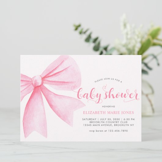 Modern roze Waterverf Bow Ribbon Girl Baby shower Kaart (Staand voorkant)