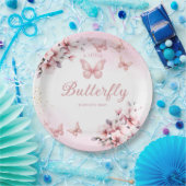 Modern roze Waterverf Butterfly Girl Baby shower Papieren Bordje (Feest)