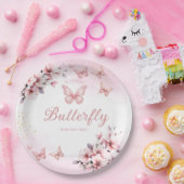 Modern roze Waterverf Butterfly Girl Baby shower Papieren Bordje (Feest)