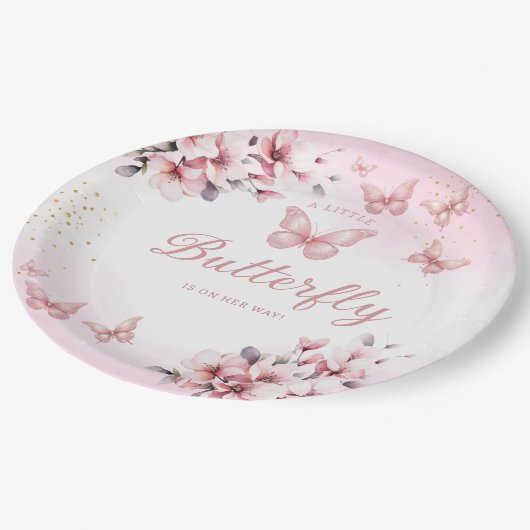 Modern roze Waterverf Butterfly Girl Baby shower Papieren Bordje (Gekanteld)