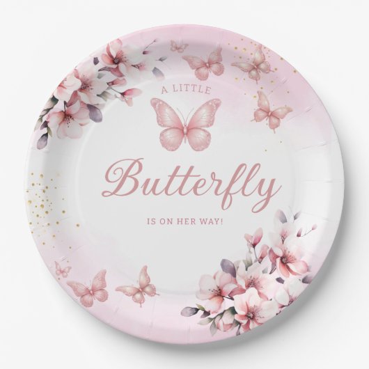 Modern roze Waterverf Butterfly Girl Baby shower Papieren Bordje (Voorkant)