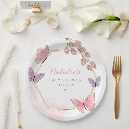 Modern roze Waterverf Butterfly Girl Baby shower Papieren Bordje (Huwelijk)