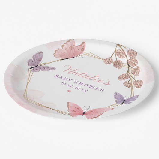 Modern roze Waterverf Butterfly Girl Baby shower Papieren Bordje (Gekanteld)