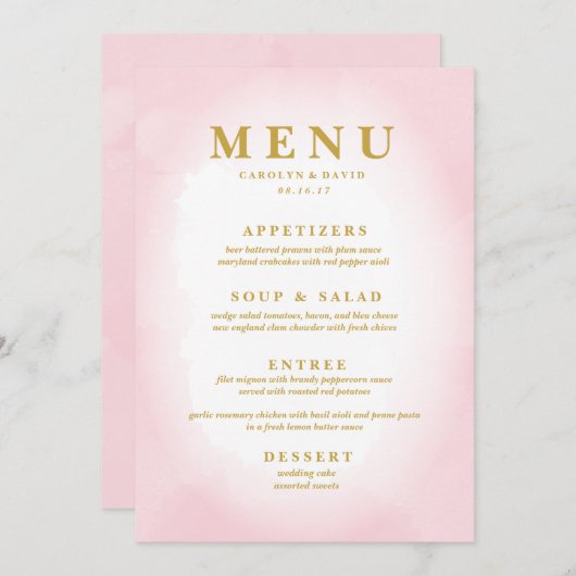 Modern Roze Waterverf Diner Menu (Voorkant / Achterkant)