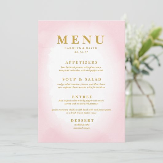 Modern Roze Waterverf Diner Menu (Staand voorkant)