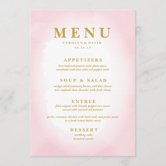 Modern Roze Waterverf Diner Menu (Voorkant)