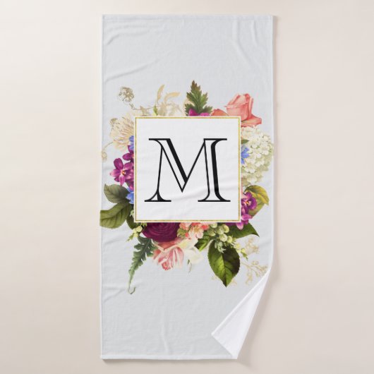 Modern Roze Waterverf Floral Bouquet Monogram Bad Handdoek (Badhanddoek)
