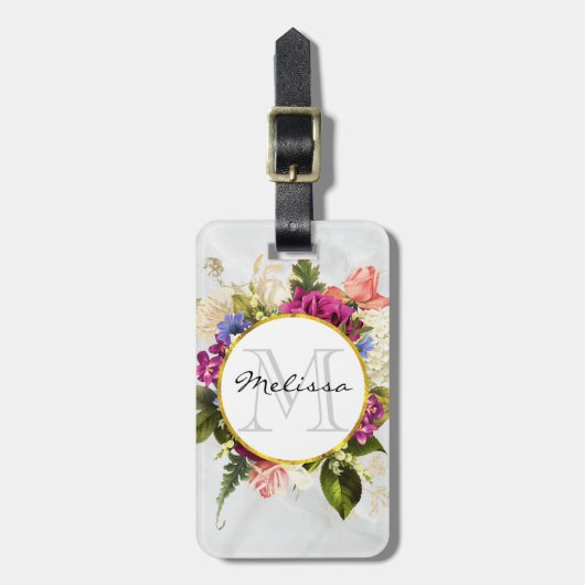 Modern Roze Waterverf Floral Bouquet Monogram Bagagelabel (Voorkant verticaal)