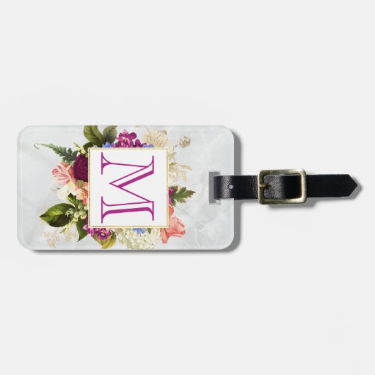 Modern Roze Waterverf Floral Bouquet Monogram Bagagelabel (Voorkant horizontaal)