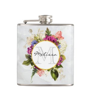 Modern Roze Waterverf Floral Bouquet Monogram Heupfles