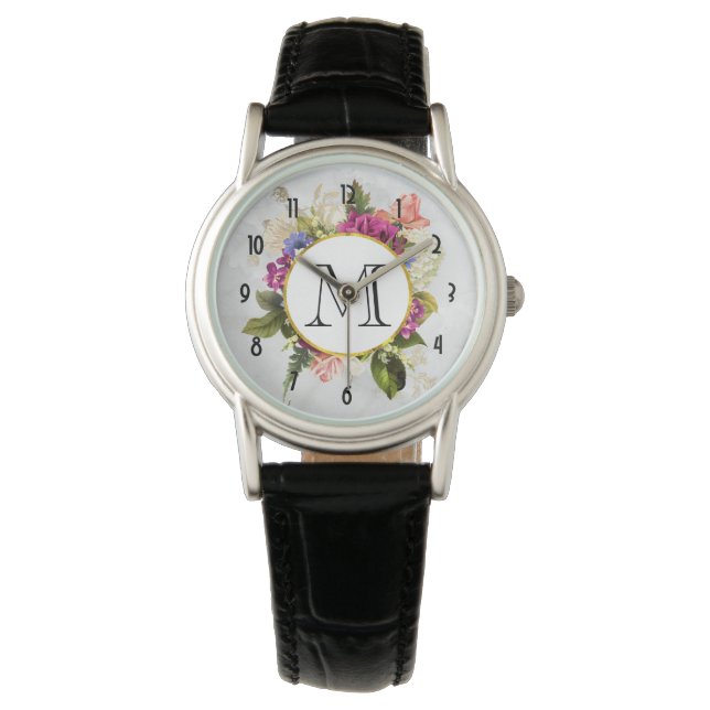 Modern Roze Waterverf Floral Bouquet Monogram Horloge (Voorkant)