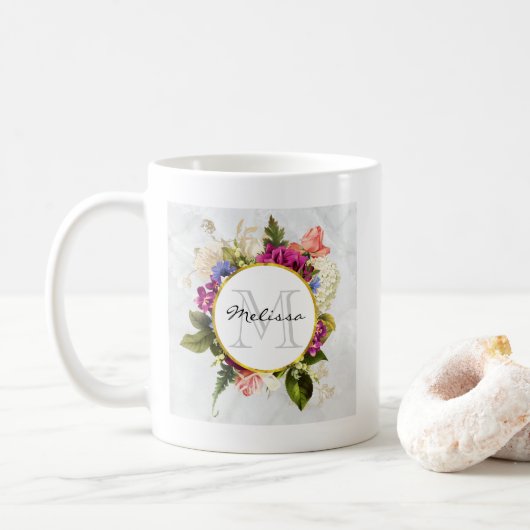 Modern Roze Waterverf Floral Bouquet Monogram Koffiemok (Met donut)