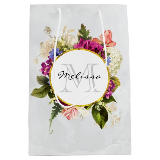 Modern Roze Waterverf Floral Bouquet Monogram Medium Cadeauzakje (Voorkant)