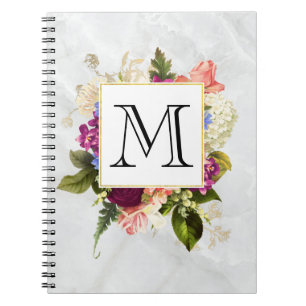 Modern Roze Waterverf Floral Bouquet Monogram Notitieboek
