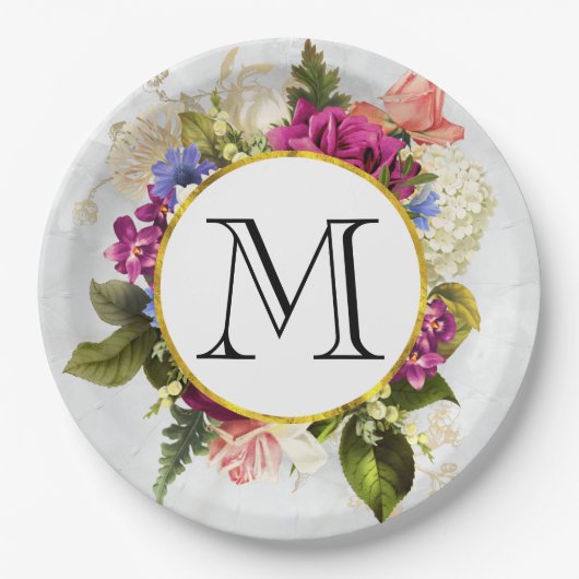 Modern Roze Waterverf Floral Bouquet Monogram Papieren Bordje (Voorkant)