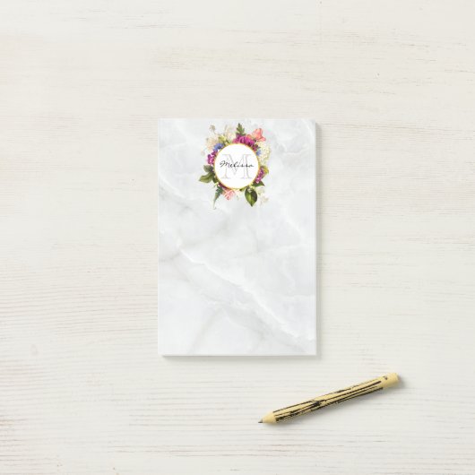 Modern Roze Waterverf Floral Bouquet Monogram Post-it® Notes (Op bureau)