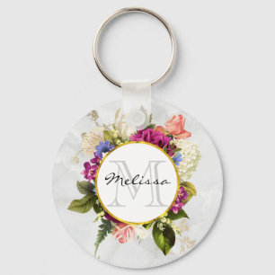 Modern Roze Waterverf Floral Bouquet Monogram Sleutelhanger