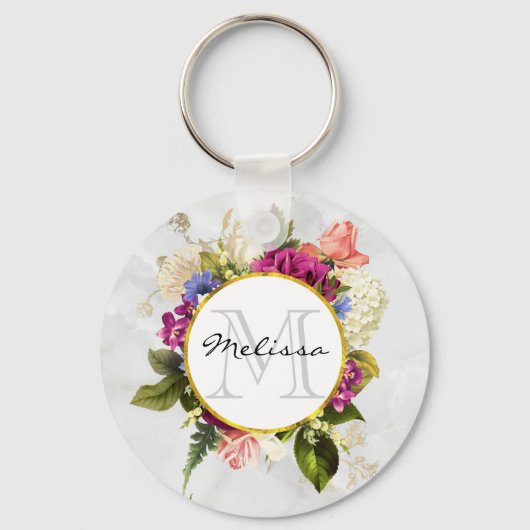 Modern Roze Waterverf Floral Bouquet Monogram Sleutelhanger (Voorkant)