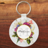 Modern Roze Waterverf Floral Bouquet Monogram Sleutelhanger (Voorkant)