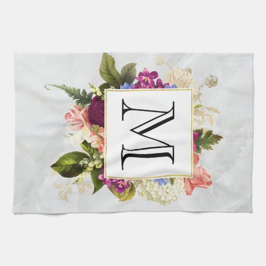 Modern Roze Waterverf Floral Bouquet Monogram Theedoek (Horizontaal)