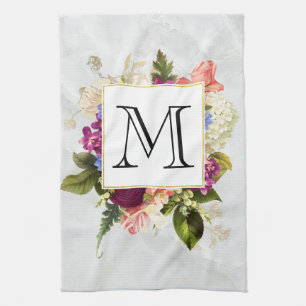 Modern Roze Waterverf Floral Bouquet Monogram Theedoek