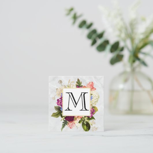 Modern Roze Waterverf Floral Bouquet Monogram Vierkante Visitekaartje (Staand voorkant)