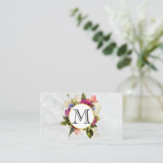 Modern Roze Waterverf Floral Bouquet Monogram Visitekaartje (Staand voorkant)