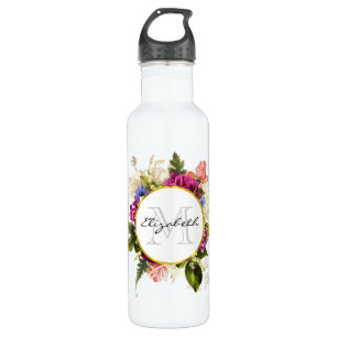 Modern Roze Waterverf Floral Bouquet Monogram Waterfles