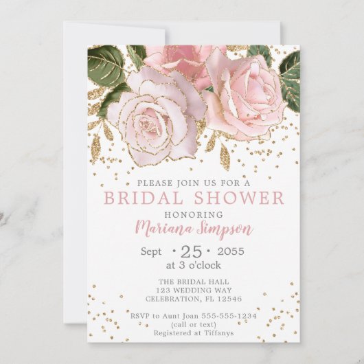Modern Roze Waterverf Floral Gold Glitter Invitat Kaart (Voorkant)