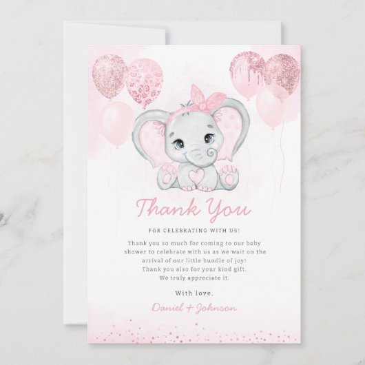 Modern Roze Waterverf Leuk Olifant Baby shower Bedankkaart (Voorkant)